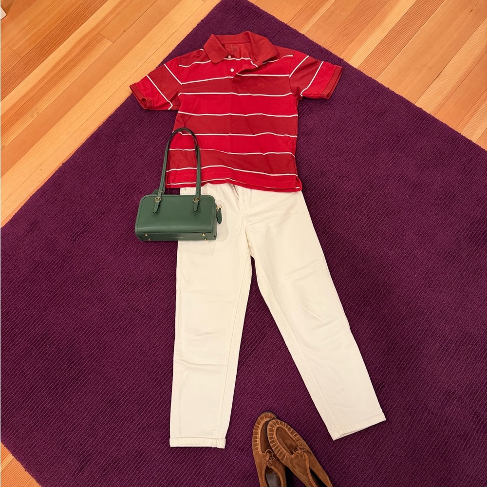Zara White Cropped Jeans with Red Striped Polo